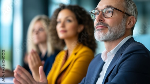 Professionals engaged in a business meeting in a modern conference room during the day