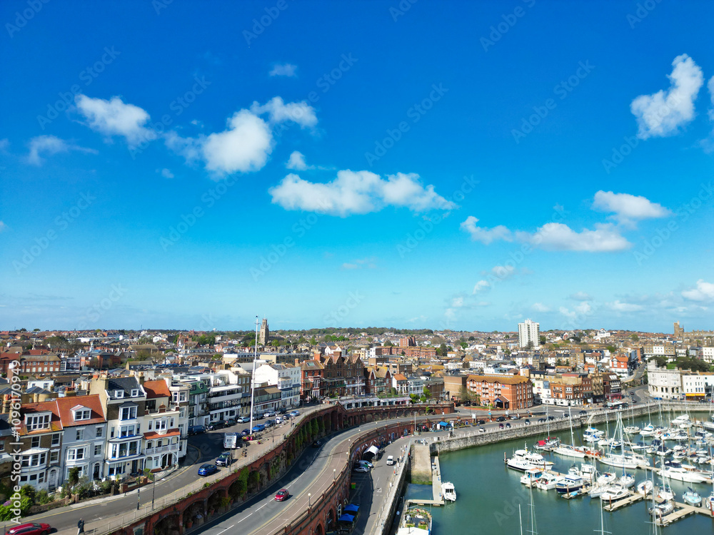 Fototapeta premium High Angle View of Beautiful British Tourist Attraction of Great Britain at Ramsgate Beach and Ocean City of Kent, England United Kingdom. Drone's Camera Footage Captured on April 21st, 2024