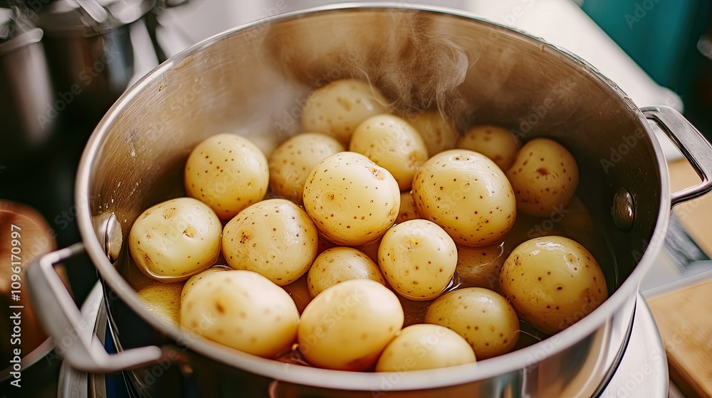 Freshly Boiled Potatoes in a Steam-filled Cooking Pot Freshly Boiled Potatoes in a Steam-filled Cooking Pot