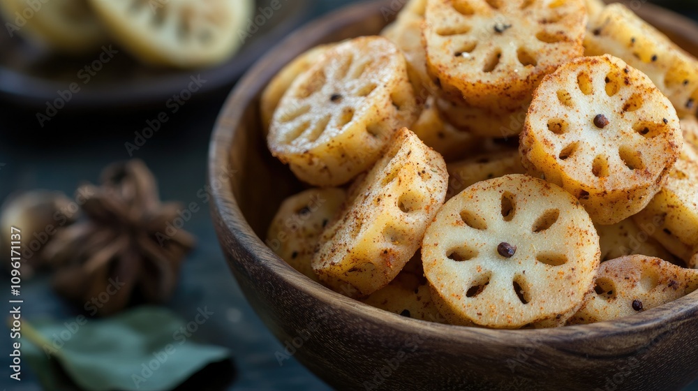 Sliced Lotus Root Snacks with Spices in Wooden Bowl Sliced Lotus Root Snacks with Spices in Wooden Bowl