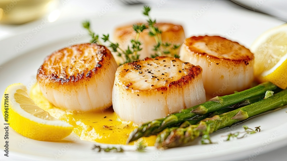 Grilled Scallops with Lemon and Asparagus on Elegant White Plate Grilled Scallops with Lemon and Asparagus on Elegant White Plate