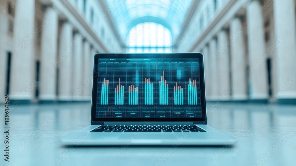 Modern Laptop Displaying Colorful Data Visualizations in an Elegant Architectural Space with Bright Skylight and Classic Columns Modern Laptop Displaying Colorful Data Visualizations in an Elegant Architectural Space with Bright Skylight and Classic Columns