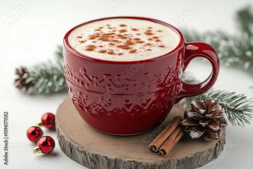 holiday coffee mug, festive christmas mug with cappuccino, cinnamon, winter decor, and white backdrop photo