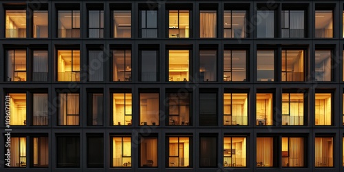 An urban office building with symmetrical rows of windows and minimalistic design, highlighted at sunset.