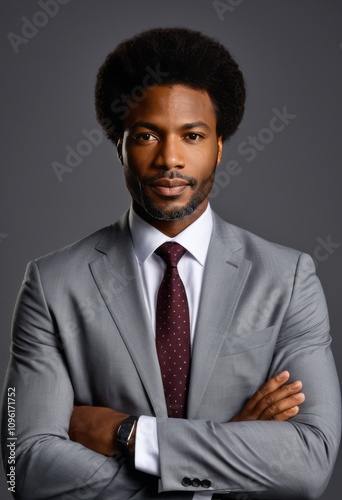 professional portrait, man in a gray suit, confident pose, afro hairstyle, dark red tie, crossed arms, neutral expression, studio lighting, sharp focus, grey background 