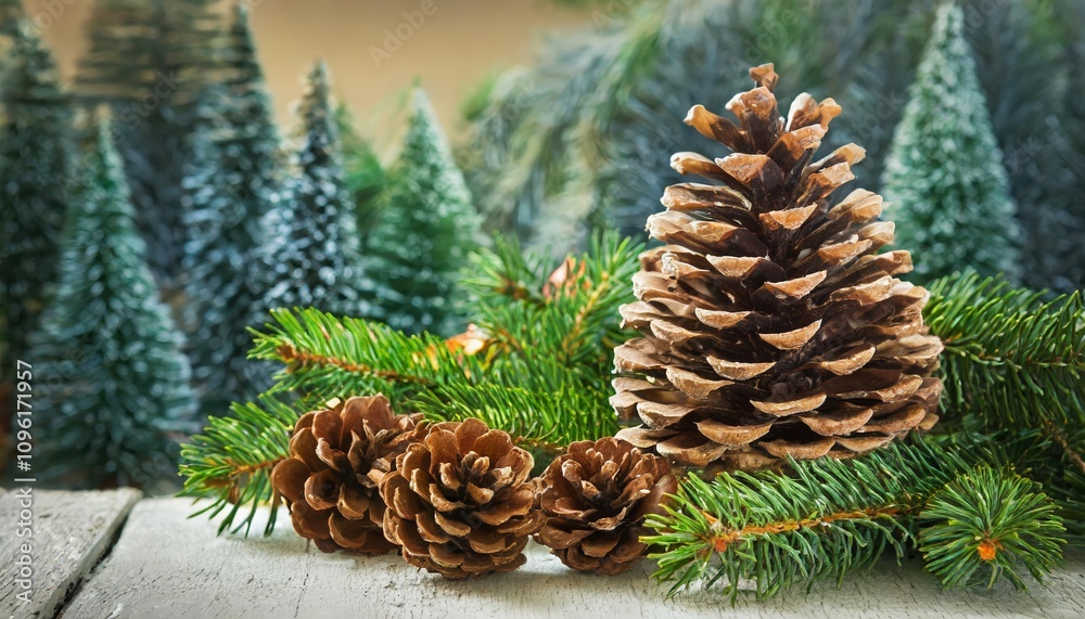 Festive Christmas Tree with Rustic Pine Cones and Seasonal Decor Captured in a Winter Wonderland, Perfect for Holiday Themes, Greeting Cards, and Festive Backgrounds