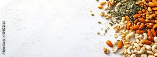 A variety of nuts and seeds arranged on a light background, showcasing healthy snacks.