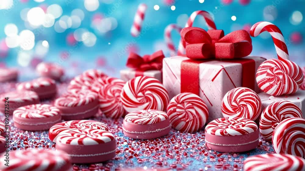 Festive peppermint candy wonderland with gift box and snowy background