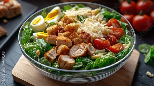 Fresh Salad with Grilled Chicken, Tomatoes, and Hard-Boiled Eggs