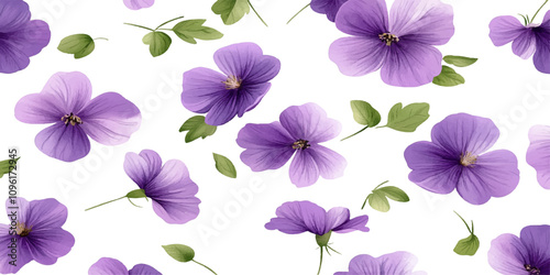 Seamless pattern with purple flowers on a white background
