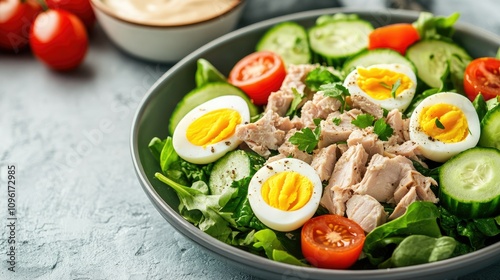 Fresh Salad with Chicken, Boiled Eggs, Tomatoes, and Cucumbers