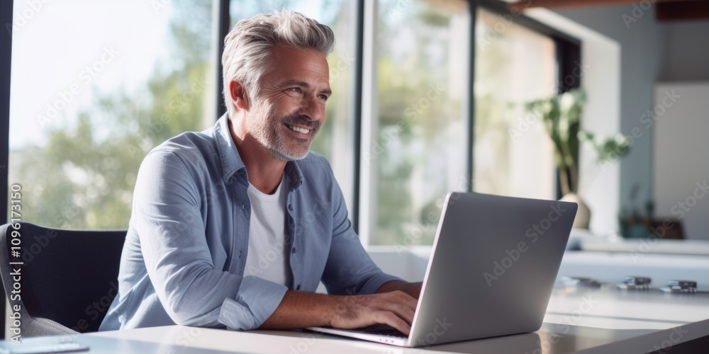 A bearded middle-aged man works at home at a table on a laptop, smiling. happy. Generative AI. A bearded middle-aged man works at home at a table on a laptop, smiling. happy. Generative AI.
