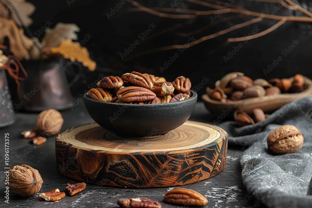 Rustic Bowl of Fresh Pecans on Wooden Platter with Autumn-Inspired Backgroun Rustic Bowl of Fresh Pecans on Wooden Platter with Autumn-Inspired Backgroun