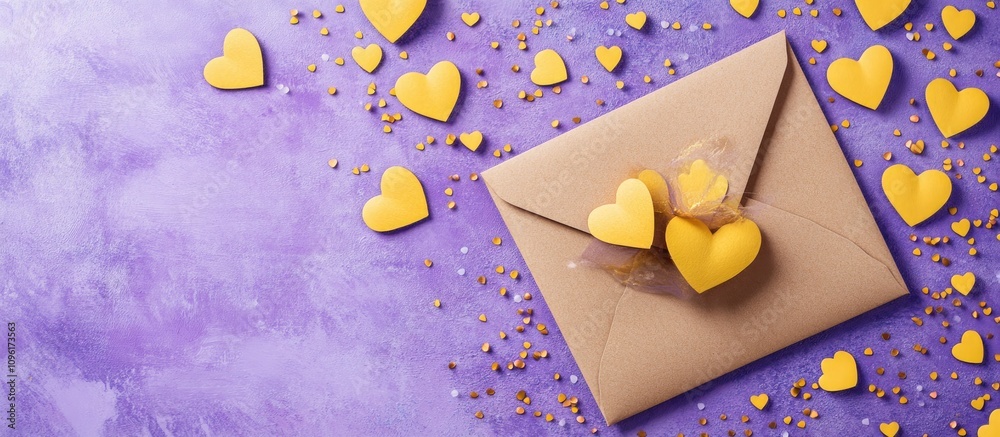 Brown envelope decorated with yellow hearts on a lilac background showcasing a cheerful holiday theme and celebratory elements. Brown envelope decorated with yellow hearts on a lilac background showcasing a cheerful holiday theme and celebratory elements.