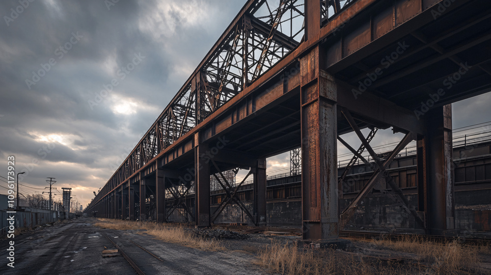 Obraz premium A Rusting Steel Bridge, A Glimpse into Industrial History, Its Weathered Structure Stands Tall Against a Stormy Sky.