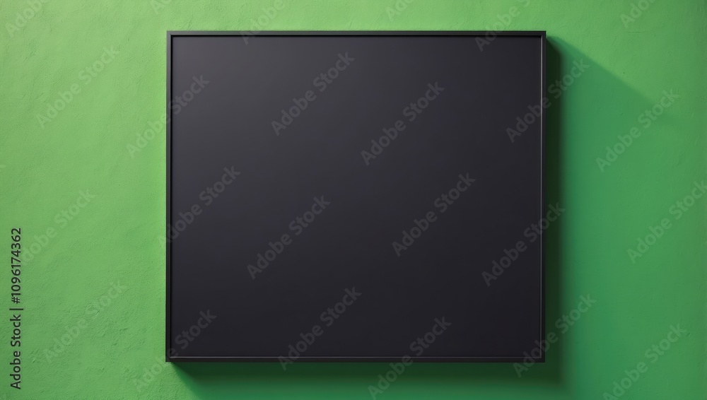 Blank black canvas in a modern frame on vibrant green wall with copy space Blank black canvas in a modern frame on vibrant green wall with copy space