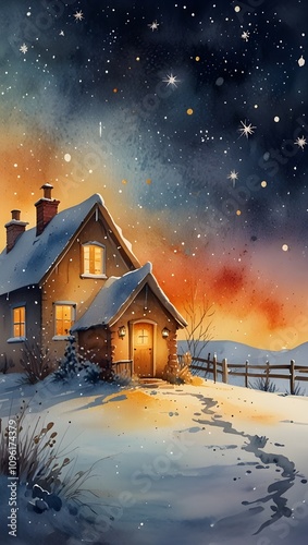 A small cottage with golden-lit windows, a starry sky, and snow falling in a pleasant Christmas scene. watercolour. A pleasant, warm sensation