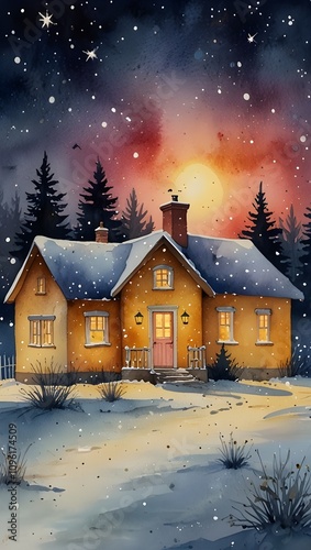 A small cottage with golden-lit windows, a starry sky, and snow falling in a pleasant Christmas scene. watercolour. A pleasant, warm sensation
