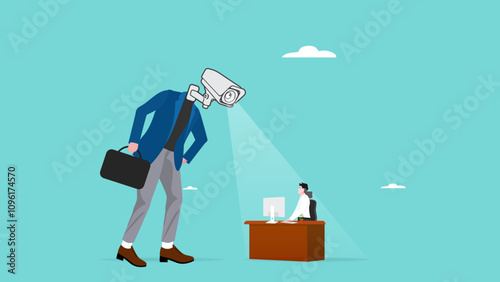 micromanaging boss with cctv head, excessive supervision of employees, toxic manager monitoring employee every time, micromanaging boss with use a magnifying glass to keep an eye on employees working