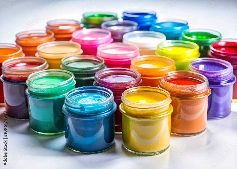 Vibrant Acrylic Paints in Clear Jars Against a Crisp White Background for Artistic Inspiration and Creative Projects with Ample Copy Space for Design Needs Vibrant Acrylic Paints in Clear Jars Against a Crisp White Background for Artistic Inspiration and Creative Projects with Ample Copy Space for Design Needs