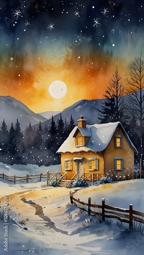 A small cottage with golden-lit windows, a starry sky, and snow falling in a pleasant Christmas scene. watercolour. A pleasant, warm sensation