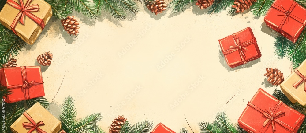 Festive blank paper surrounded by fir tree branches, gift boxes, and pine cones ideal for holiday greeting cards and seasonal invitations Festive blank paper surrounded by fir tree branches, gift boxes, and pine cones ideal for holiday greeting cards and seasonal invitations