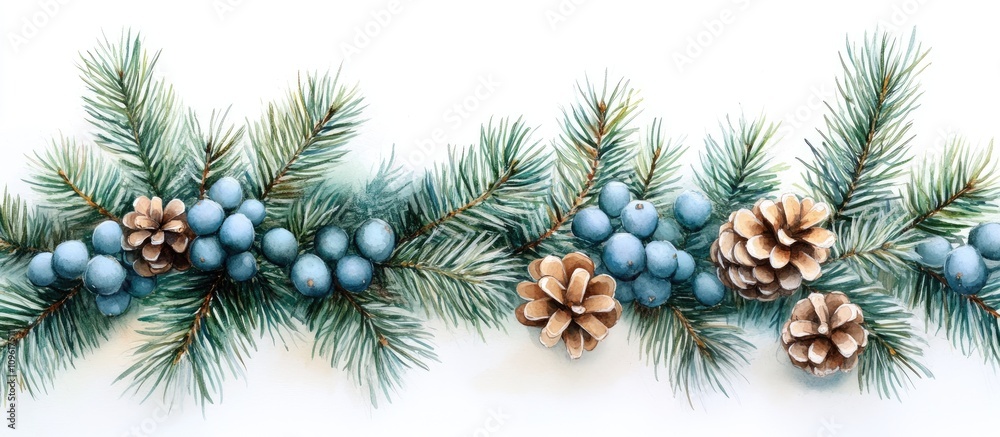 Festive Christmas Decoration with Fir Branches Pinecones and Blue Berries on a White Background Festive Christmas Decoration with Fir Branches Pinecones and Blue Berries on a White Background