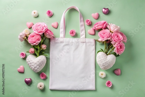 A blank white tote bag surrounded by pink roses, white flowers, and heart decorations on a pastel green background. Perfect for Valentine’s Day or romantic wedding mockups.