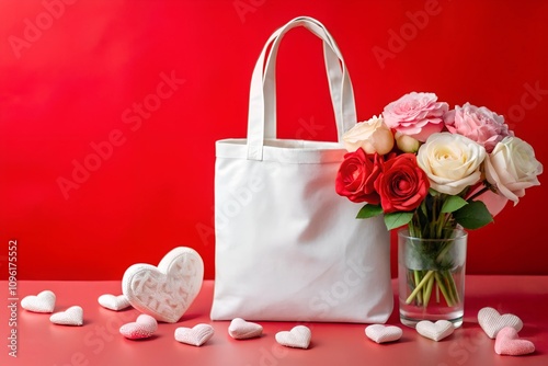  A blank white tote bag mockup styled with a bouquet of pink, red, and white roses in a glass vase, surrounded by textured white hearts on a bright red background. Perfect for Valentine’s Day.