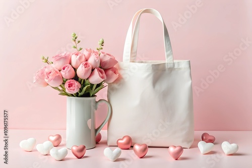 A blank white tote bag next to a ceramic jug of pink roses, surrounded by pink and white heart decorations, set on a pastel pink background. Perfect for Valentine’s mockups.