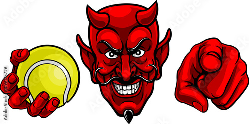 A devil man holding tennis ball and pointing sports team mascot illustration.