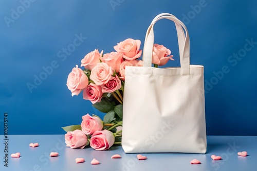 Mockup of a white tote bag with pink roses against a bold blue background, scattered with heart-shaped decorations. Designed for Valentine’s Day or weddings.