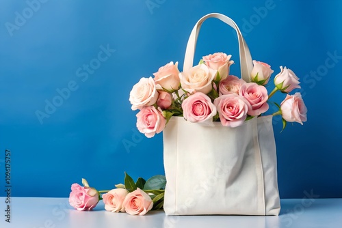 A blank white tote bag mockup filled with pink roses, styled on a bright blue background with additional roses scattered nearby. Great for Valentine’s Day and wedding designs.