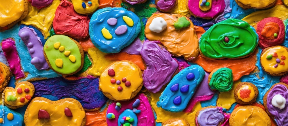 Colorful children's art depicting cookies with vibrant icing and playful designs on a bright background. Colorful children's art depicting cookies with vibrant icing and playful designs on a bright background.
