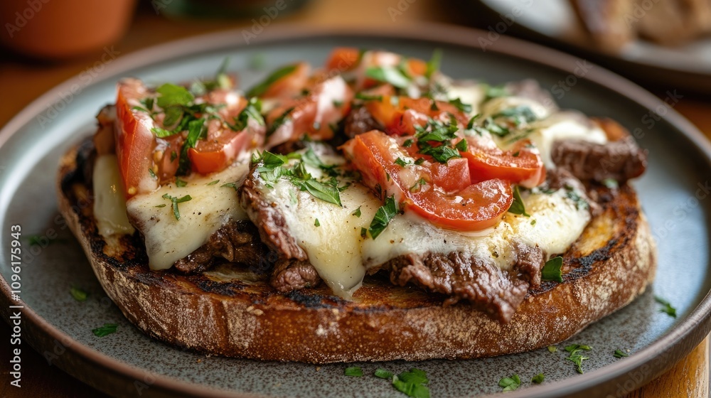 Toasted bread topped with juicy beef tomatoes, melted cheese, and fresh herbs, served on a rustic plate, highlighting a delicious, hearty dish. Toasted bread topped with juicy beef tomatoes, melted cheese, and fresh herbs, served on a rustic plate, highlighting a delicious, hearty dish.