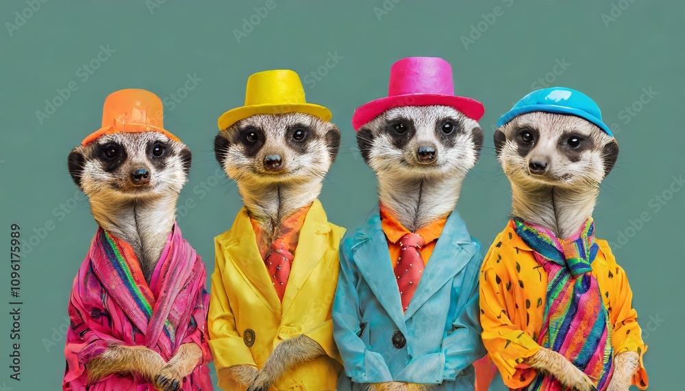 A whimsical concept showcasing meerkats dressed in vibrant, trendy outfits, standing together in a playful group. The image combines creativity, fashion, and animal charm in an isolated A whimsical concept showcasing meerkats dressed in vibrant, trendy outfits, standing together in a playful group. The image combines creativity, fashion, and animal charm in an isolated
