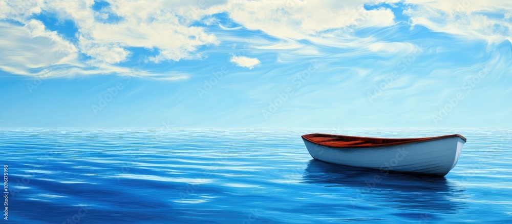 Serene boat floating on calm blue ocean waters under a bright sky with fluffy clouds and reflections on the surface.