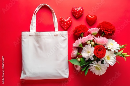 White tote bag mockup on a red background with red and white flowers and decorative hearts. Ideal for Valentine’s Day or romantic wedding themes.