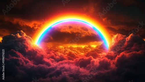 A vibrant rainbow arches over dramatic clouds, creating a stunning sunset atmosphere.