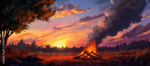 Summer bonfire at sunset with vibrant skies and silhouettes of trees in a picturesque outdoor setting.