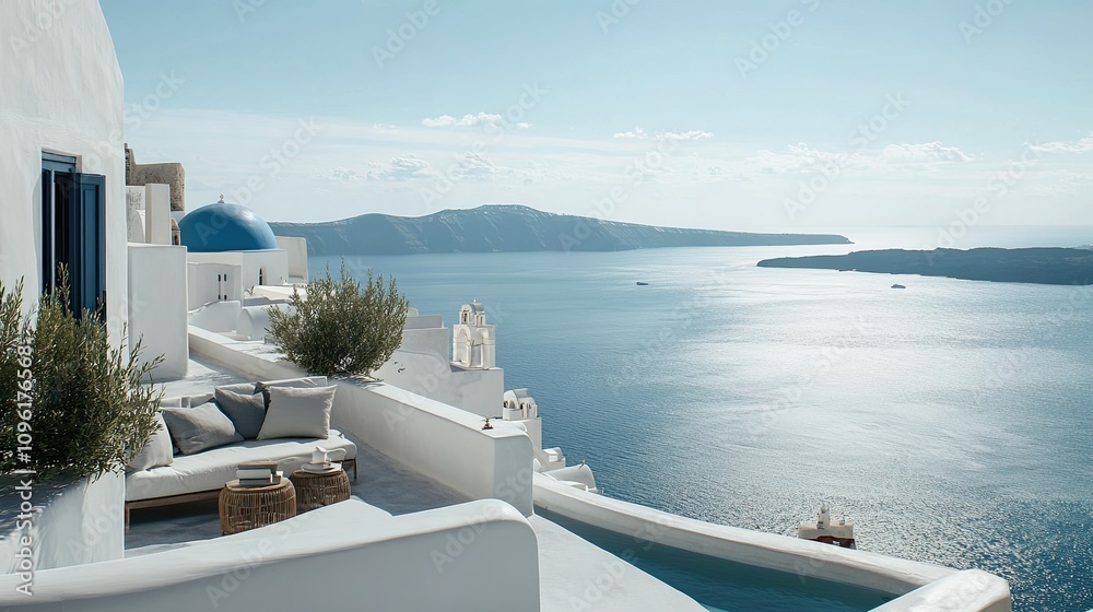 Obraz premium Scenic View of Santorini Island with Peaceful Blue Waters and White Architecture