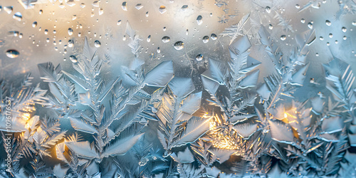 Frosty Pattern on Winter Window: Ice Crystals and Water Droplets photo