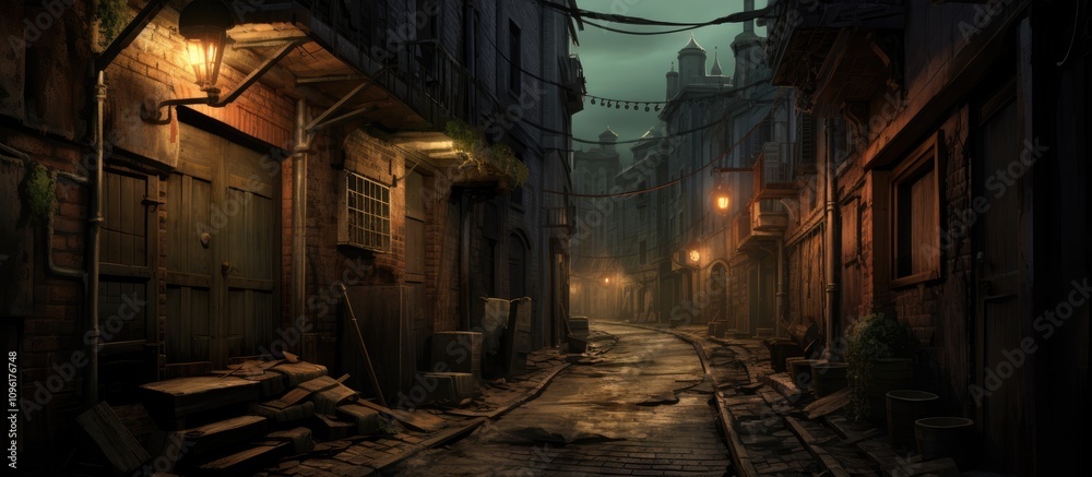 Fototapeta premium Mysterious old city alley at night illuminated by warm street lamps and surrounded by vintage architecture and cobblestone pathways.