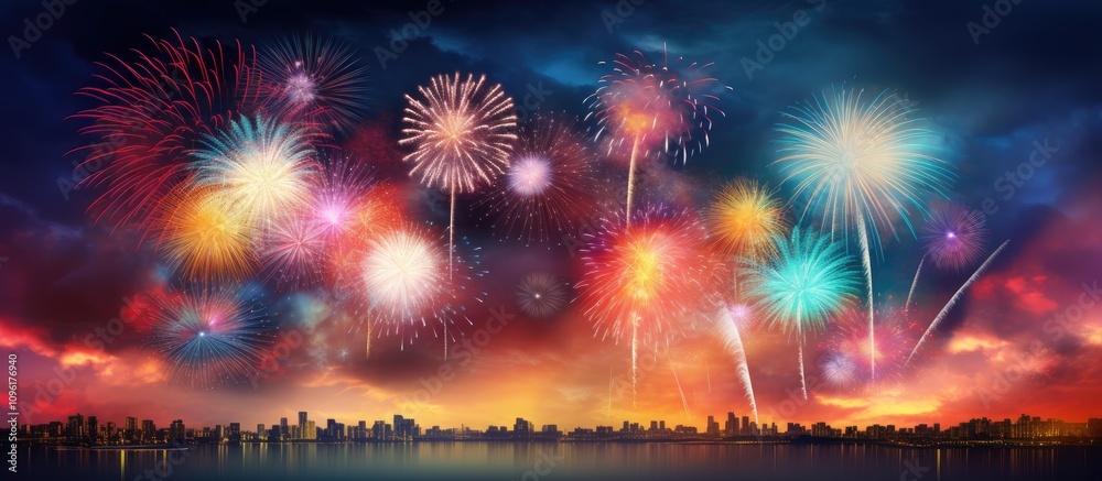 Vibrant fireworks display illuminating the night sky over a city skyline with a colorful sunset backdrop