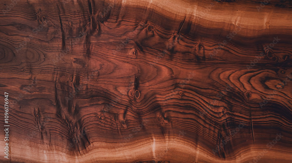 Naklejka premium Full image of rosewood wood surface showcasing rich natural tones, flowing grain patterns, and intricate details, perfect for backgrounds, woodworking, or nature-inspired designs.