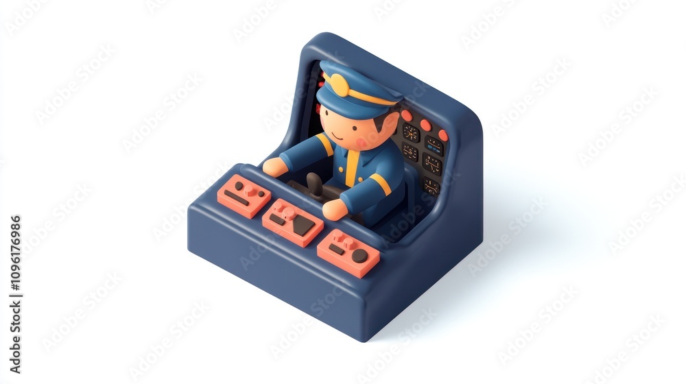 A cartoonish pilot figure operating a control panel with various buttons and levers. A cartoonish pilot figure operating a control panel with various buttons and levers.