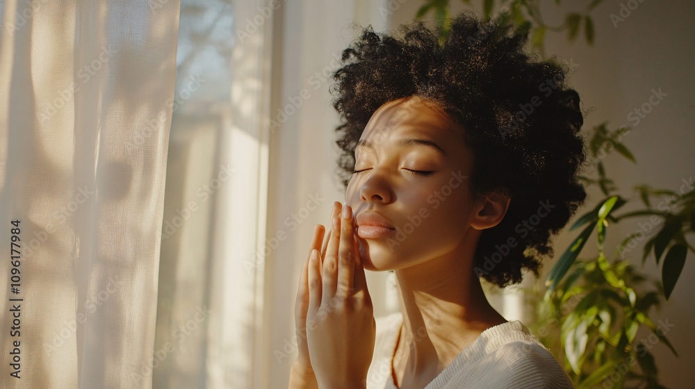 Young Woman with Curly Hair Practicing Mindfulness and Meditation by Sunlit Window Surrounded by Green Plants in Calm and Serene Atmosphere Young Woman with Curly Hair Practicing Mindfulness and Meditation by Sunlit Window Surrounded by Green Plants in Calm and Serene Atmosphere