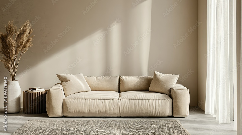 Modern minimalist living room with beige sofa and natural decor