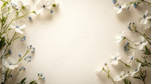 Beautiful wild flowers chamomile, purple wild peas border. Daisy frame banner template. Beautiful spring or summer nature season background. Copy space for text, white background