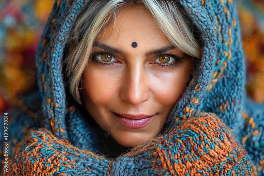 Cozy embrace: woman in colorful knitted shawl with intricate patterns Cozy embrace: woman in colorful knitted shawl with intricate patterns